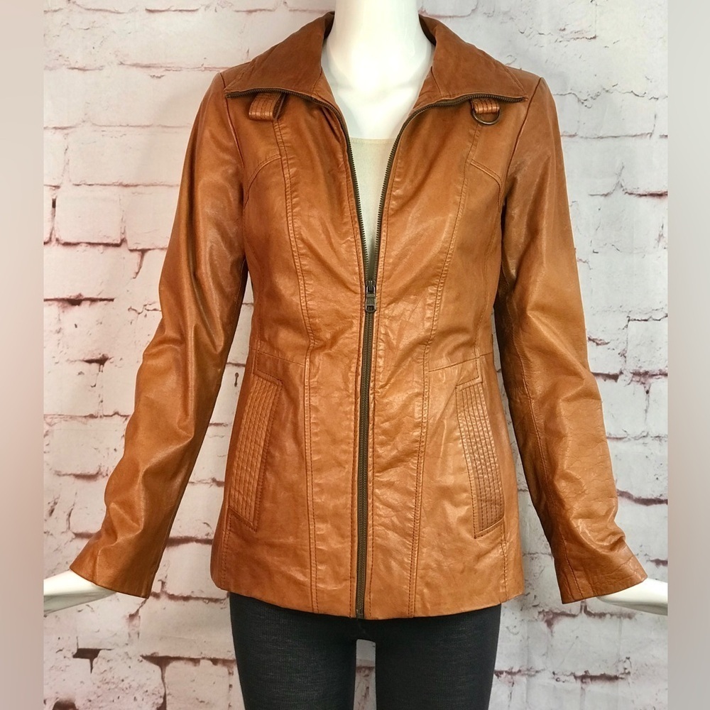 ANDREW MARC XS Caramel Brown British Cafe Racer Leather Moto Jacket Size XS - Picture 6 of 16